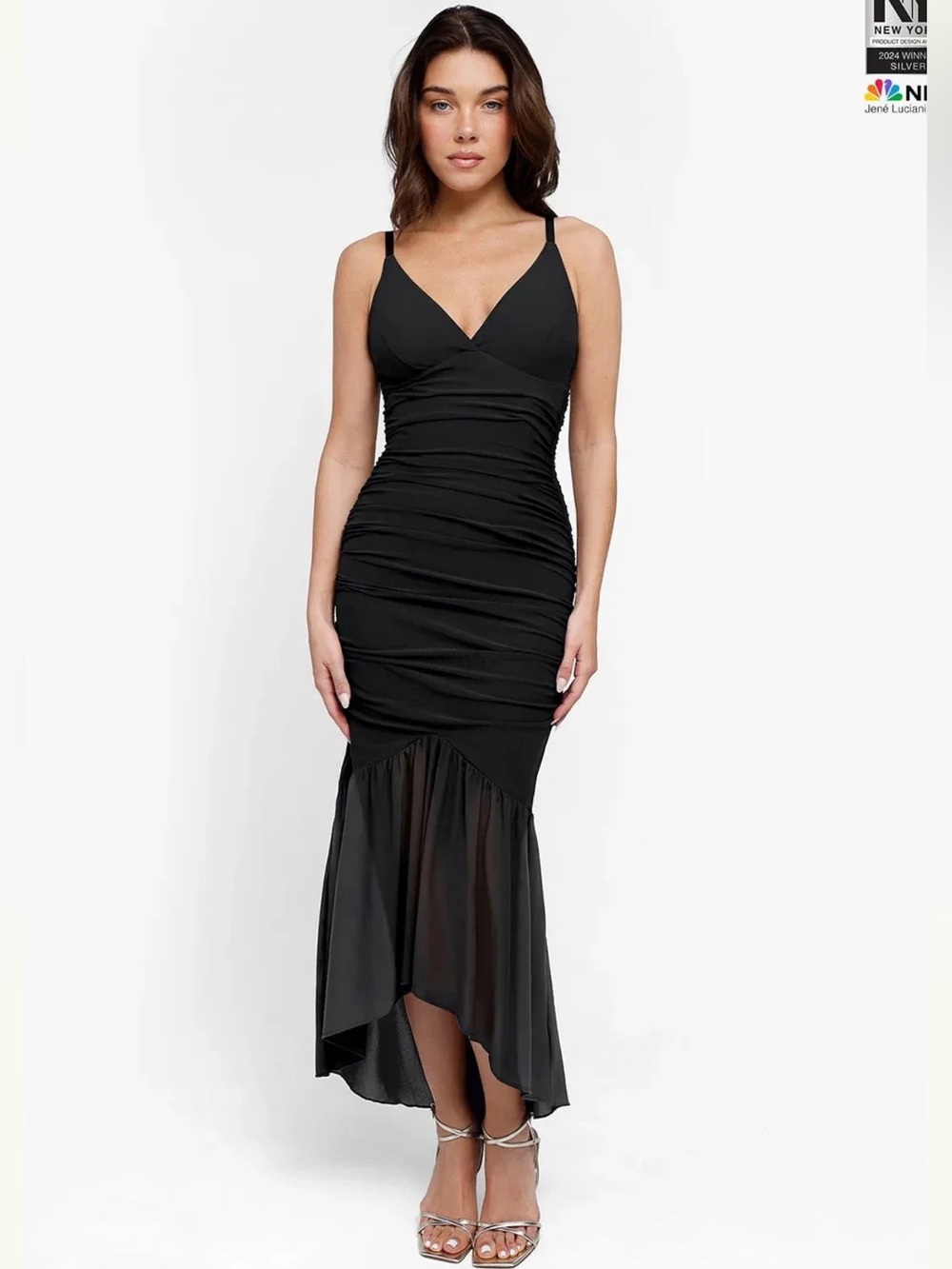 Black Ruched High-Low Mermaid Dress with V-Neck *Size Small *New with Tags